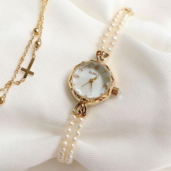 Armbanduhren Natürliche Perle Kupfer 24 K Gold Quarz Damenuhr Armband Muschel Zifferblatt Japanische Dame Klein