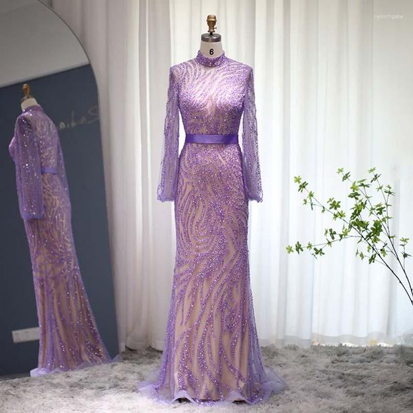 Vestidos casuais jancember laço lilás dubai sereia vestido de noite elegante manga longa muçulmano formal para festa de casamento feminino lscz56