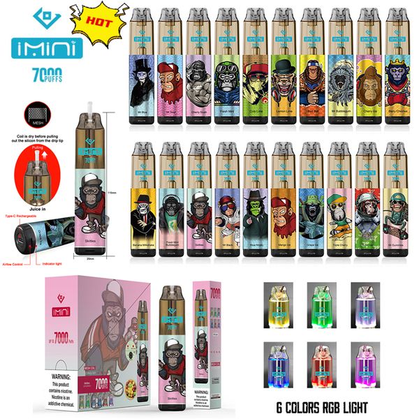 Autentico Imini 7000 Soffi monouso Vape 15ml Preriempito 850mAh 0% 2% 3% 5% Dispositivo per sigaretta Vapore a tenuta stagna con 6 luci RGB per tornado Prezzo di fabbrica all'ingrosso