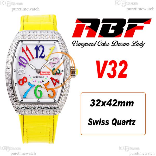 ABF V32 Vanguard Color Dream Cronografo svizzero al quarzo Orologio da donna Cassa con diamanti da donna Quadrante MOP Numero grande Pelle gialla Lady Super Edition Reloj Hombre Puretime