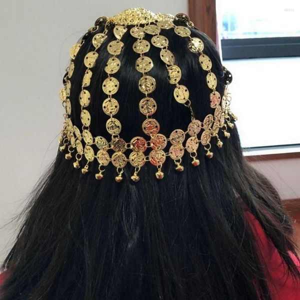Bühnenkleidung, Glocken-Bauchtanz-Tiara, modische goldene Metall-Kopfbedeckung, Quaste, geprägte Kopfkappe, Damen und Mädchen