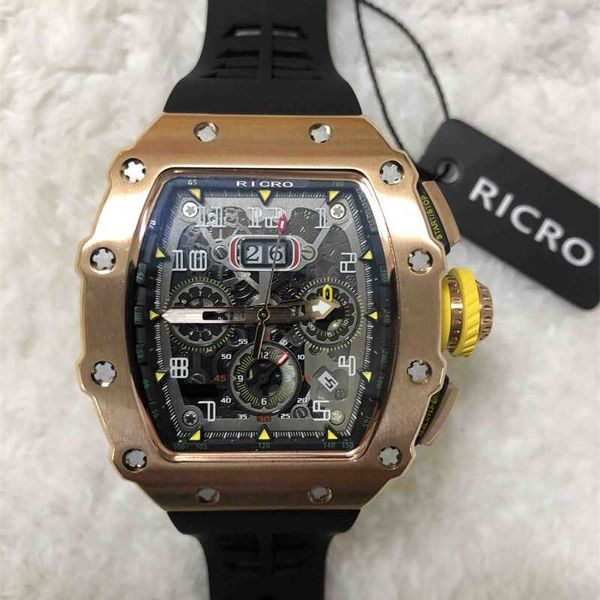 Rm Watches Richar Master Orologio Cassa in acciaio inossidabile Meccanico a carica automatica Fibbia ad arco Cinturino in caucciù Fondo trasparente Movimento Ricro Milles con logo