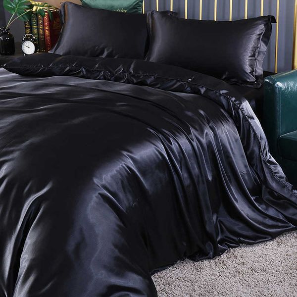Conjuntos de cama Conjunto de cama de seda amoreira com capa de edredão caso de folha de cama de cetim de luxo cor sólida gêmeo