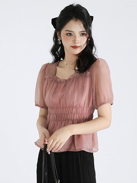 Frauenblusen leichte dünne Lyozellfaser kurzärmelige Hemd für weibliche gekräuselte Designs Sommer Chic Slim Vintage Top Color Color Bluse