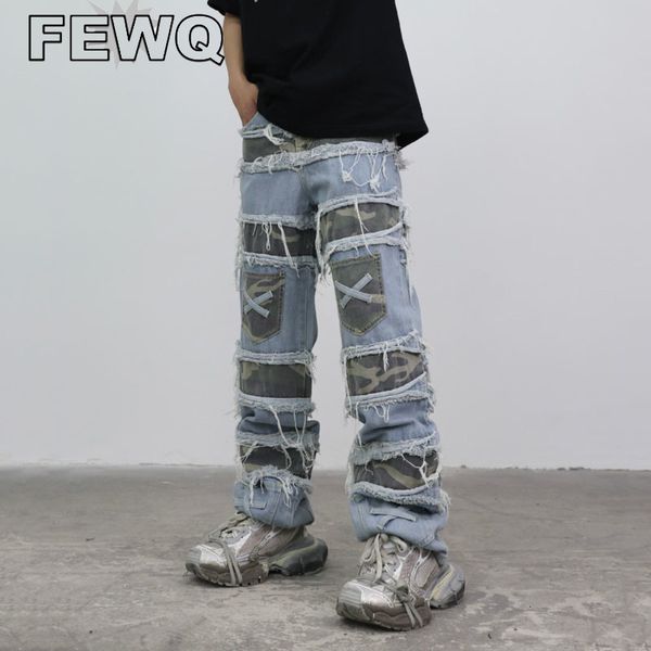 Mens Jeans Fewq Camuflagem Patchwork Falso 2 Pcs Rebarbas High Street Masculino Nicho Design Denim Calças Outono Streetwear Calça 24B3324 230831