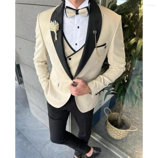 Erkekler 2023 Düğün Erkekler Bej Black Shawl Lapel Business Rahat Formal Kostüm Homme Slim Fit 3 PCS Set Ceket Yelek Pantolon
