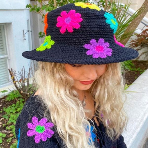 Berets Crochet Chapéus Para Mulheres Leve Flor Balde Chapéu Bordado Floral Pescador Verão Sol Aba Larga Protetor Solar