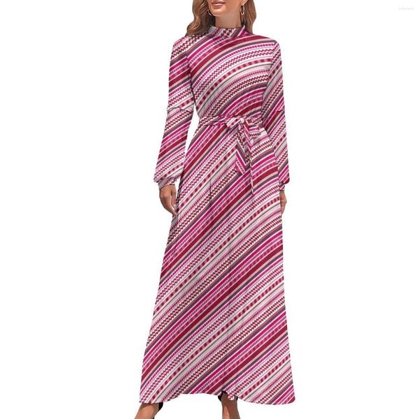 Vestidos casuais rosa pontos e listras vestido de cintura alta funky tons impressão design boho praia manga longa maxi vestidos