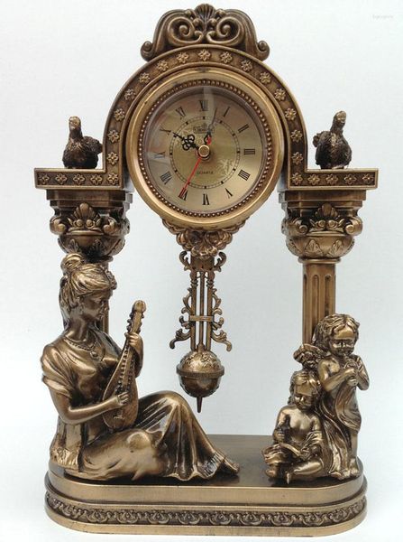 Relógios de mesa estilo antigo resina vintage relógio pêndulo estátua dourada tema musical sala estar decoração silenciosa agulha mesa