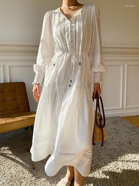 Vestidos casuais gypsylady elegante chique francês maxi vestido dobby primavera outono manga longa algodão branco oco out mulheres em camadas senhoras