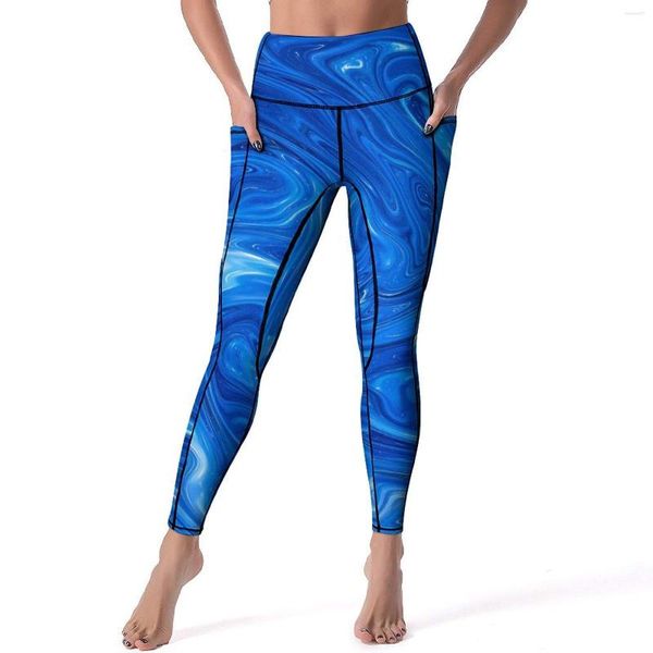 Leggings femininas azul mármore sexy arte abstrata cintura alta calças de yoga engraçado elástico leggins senhora gráfico treino esportes collants