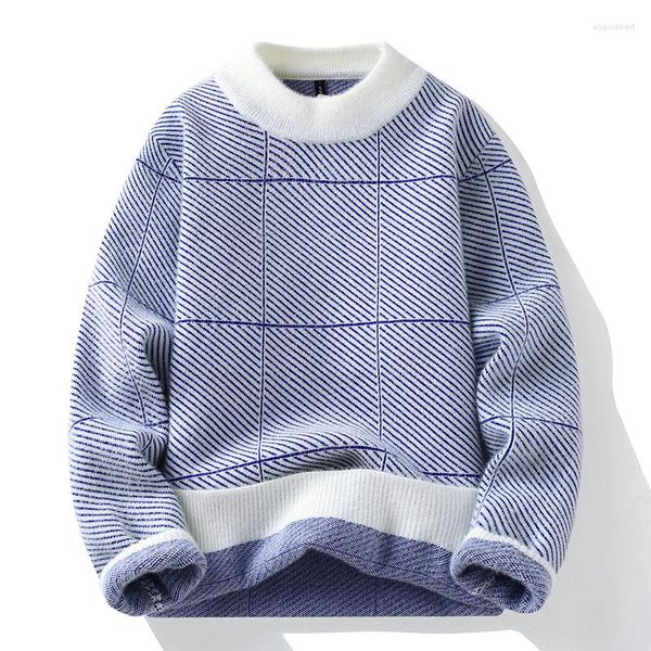 Erkek Sweaters 2023 Kış Yüksek Yüksek Elastik Kalın Sıcak Örgü Sweater Erkekler Moda Mink Kaşmir Klasik Damalı Damalı Külot