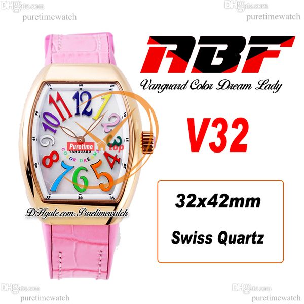 ABF V32 Vanguard Color Dream Cronografo svizzero al quarzo da donna Orologio da donna in oro rosa MOP quadrante grande numero in pelle rosa Lady Super Edition Reloj Hombre Puretime D4