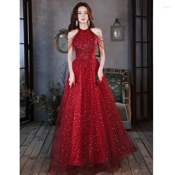 Vestidos de festa vinho vermelho halter baile com contas apliques de luxo a linha até o chão longos vestidos de noite femininos para casamento