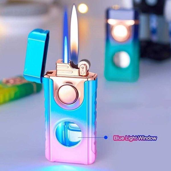 Metallo Doppia Fiamma Butano Senza Gas Accendino Creativo LED Luce Blu Finestra Trasparente Mola Accensione Accessori per Fumo G6AI