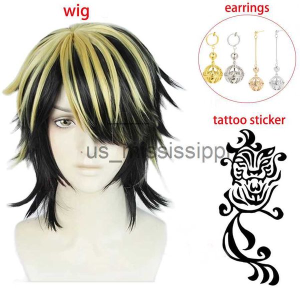 Косплей парики Hanemiya Kazutora Cosplay Wig Tokyo Revengers Tokio Manji Gang Black Golden Hair с серьгой с наклейкой с татуировкой A парик x0901