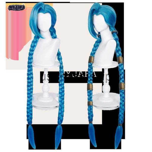 Cosplay perucas lol jinx cosplay peruca longa trançada azul a peruca de canhão solta com trança azul resistente ao calor cabelo sintético anime perucas peruca boné x0901