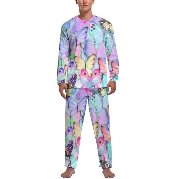 Homens sleepwear roxo borboleta pijama homens aquarela animal macio outono manga longa 2 peça conjunto gráfico estético