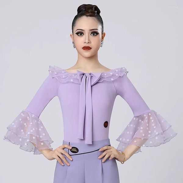 Palco desgaste mangas compridas roxo dança latina topos feminino moderno bodysuit funky elegante dancewear roupas de salão valsa blusa