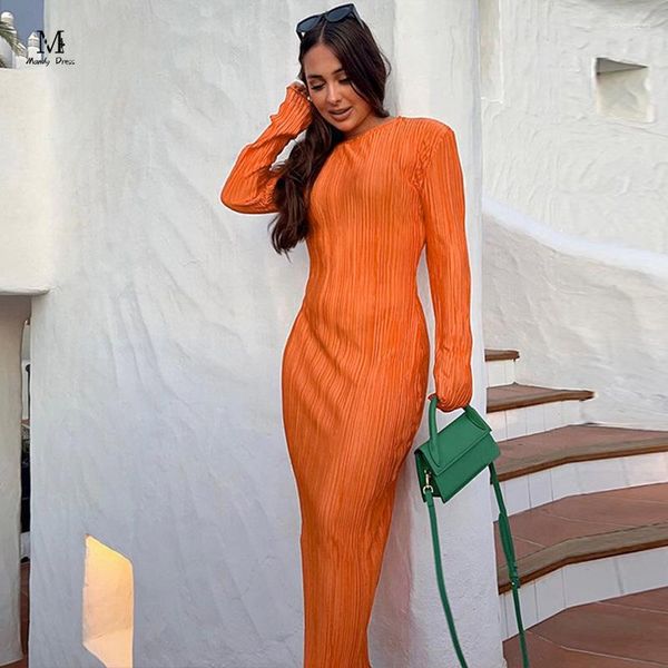 Casual Kleider Elegante Plissee Frauen Maxi Kleid Lange Hülse O-ansatz Bodycon Stretch Kleidung Herbst Winter 2023