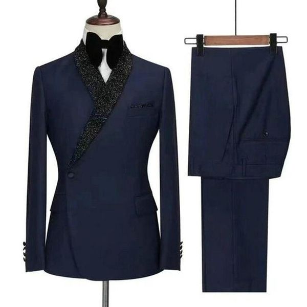 Abiti da uomo Blazer Ultimi disegni Giacca da smoking doppio petto blu navy Scialle nero lucido Risvolto Smoking formale da sposa 2944