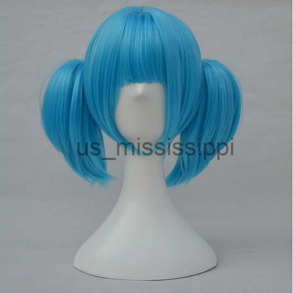 Cosplay Perücken Sallyface Sally Face Sally Cosplay Perücken Kurze blaue Perücke mit zwei Clip-Pferdeschwänzen Hitzebeständige Kunsthaar-Perückenkappe x0901