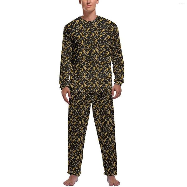 Erkek pijama zarif barok pijama kış 2 adet retro baskı güzel pijama setleri adam uzun kollu ev grafik takım elbise