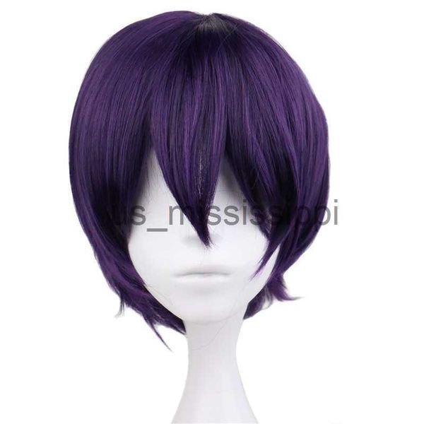 Parrucche Cosplay Takasugi Shinsuke Noragami Yato Anime in stile Nero Viola Capelli sintetici corti Protezione per parrucca x0901