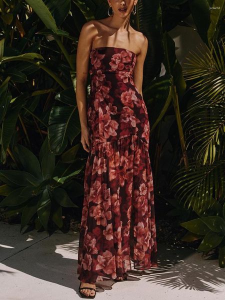 Lässige Kleider, transparentes Rüschen, langes Boho-Kleid, ärmellos, trägerlos, schulterfrei, Blumendruck, Röhrenoberteil für Damen, Urlaubsoutfits