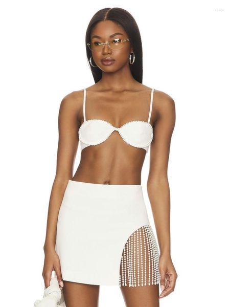 Vestidos casuais verão 2023 mulheres vestido sexy borla beading branco bandagem 2 peças conjunto elegante roupa brilhante saia terno