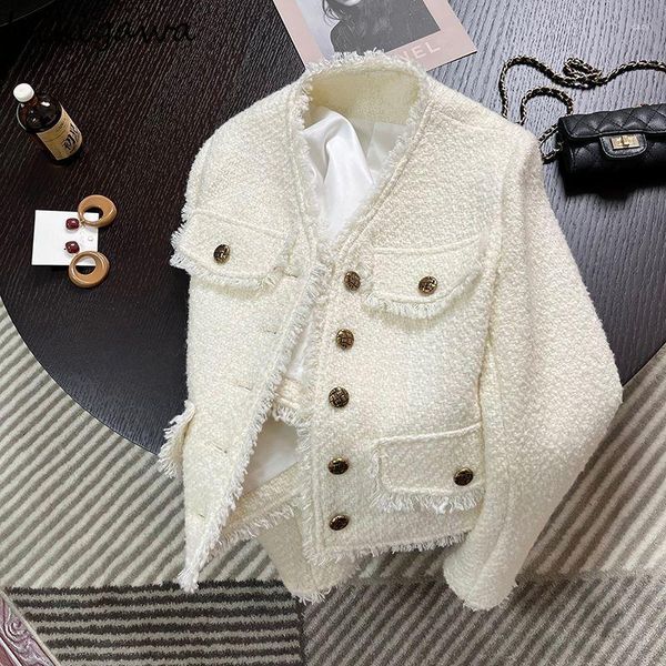 Giacche da donna Temperamento Cappotto Abbigliamento Scollo a V Tunica Manica lunga Bianco Crop Top 2023 Ropa Mujer Vintage Nappa Moda 27r056