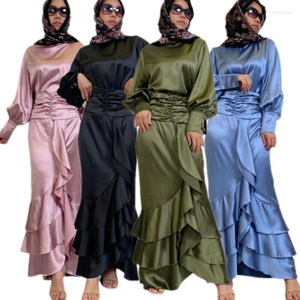 Abbigliamento etnico tacchino raso abaya dubai eid camicetta musulmana tops set di gonne arruffato per le donne outfit di moda arab