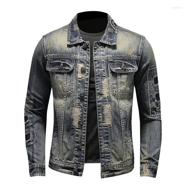 Casacos masculinos jaqueta jeans rasgado remendo outerwear vintage desgastado casaco personalidade elegante casual masculino