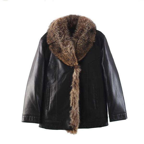 Pelzmantel Männer Schwarz Leder Jacke Für Männer Winter Mantel Echt Waschbären Pelz Kragen Warme Tops Oberbekleidung Windjacken Plus Größe