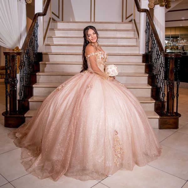 Vestitido messicano in oro rosa de 15 anos charro quinceanera abiti in pizzo applqiued flores corset sweet 16 abito abiti da cerimonia