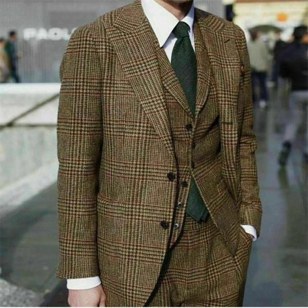 Ternos masculinos 3 peças de lã homens houndstooth feito sob encomenda homem grosso moderno smoking pico lapela blazer casaco calça colete