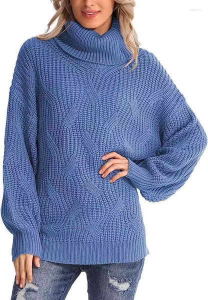 Suéter feminino azul kintted suéter mulheres gola alta crochê pullovers primavera outono inverno casual doce jumper y2k top streetwear