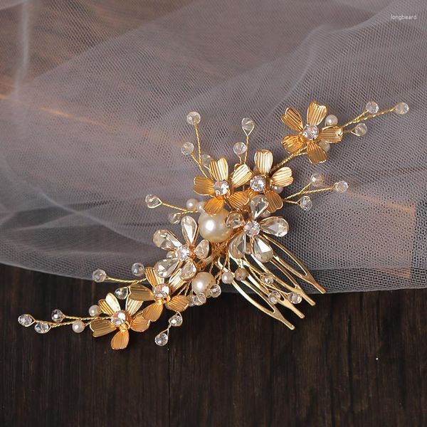 Fermagli per capelli Vintage Color oro Perle Pettini Tiara Accessori da sposa da sposa Donne Foglia Fiori Gioielli fatti a mano per la testa