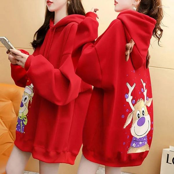 Frauen Hoodies Weihnachten Rot Pullover Frauen 2023 Winter Koreanische Design Sinn Elch Plus Samt Dicken Kapuze Mid-Länge Mantel