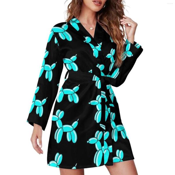 Damen-Nachtwäsche, blauer Ballon-Pyjama-Robe, Tierdruck, langärmelig, ästhetische Pyjamas, Roben für Frauen mit V-Ausschnitt, Kawaii-Herbst-Custom-Kleider