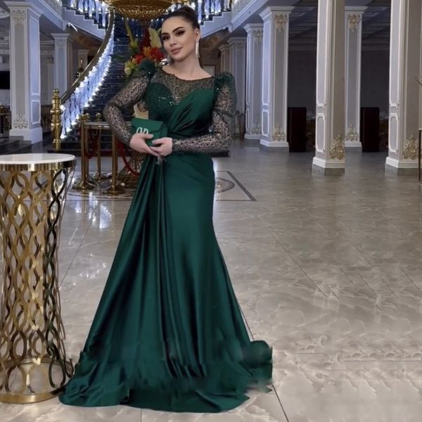 Abiti da sera verde smeraldo Paillettes in rilievo Una linea abito formale maniche lunghe pieghe in raso arabo Dubai Robe de soiree