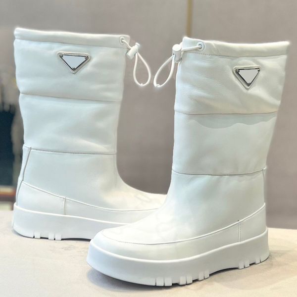 Berühmte Damen-Marken-Skistiefel, Schneestiefel, weiße Winterstiefel, Lederstiefel, Dreiecksstiefel, Logo, einfache modische Stiefel, flache Schuhe, Kniestiefel, lange Stiefel, Stiefeletten