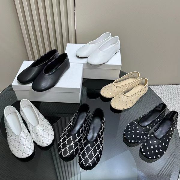 Ballet Flats Designer Vestido Sapatos Redondo Toe Strass Couro Rebite Fivela Sapatos Planos Malha Mary Jane Sapatos Moda Mulheres Preto Flat Boat Shoe Trample Lazy Loafers