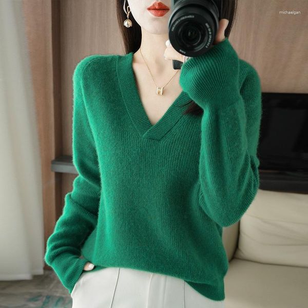 Kadın Sweaters 2023 Sonbahar Kış Kadınlar Saf Yün Sweater V-Neck Pullover Kalın gevşek büyük boyutlu ceket düz renkli örme jumper üst