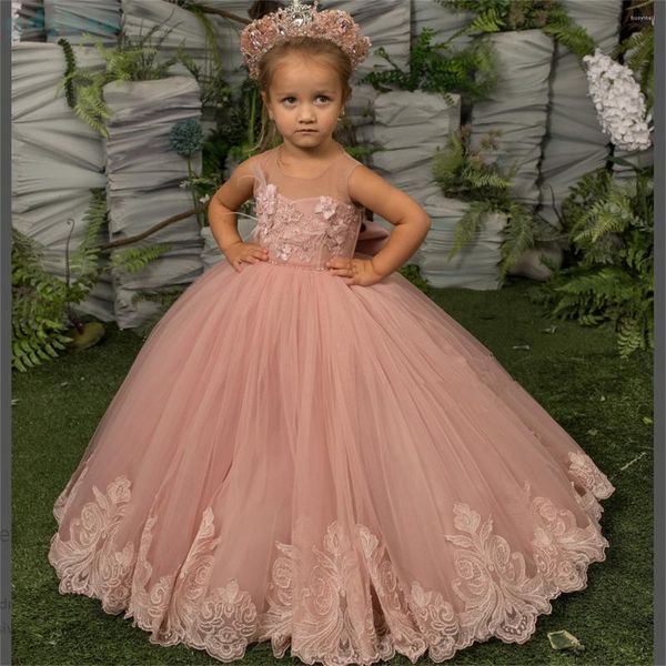 Mädchen Kleider Spitze Puffy Schichten Rosa Blume Tüll Schleife Kinder Prinzessin Kleid Erstkommunion Geburtstag