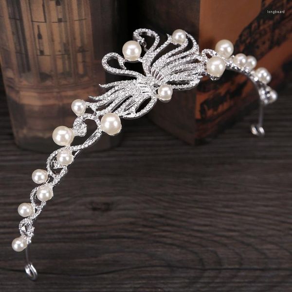 Fermagli per capelli Arrivo Splendido cristallo trasparente Pavone Bellezza Principessa Diademi Corona di perle di lusso Accessori per spettacoli di nozze da sposa