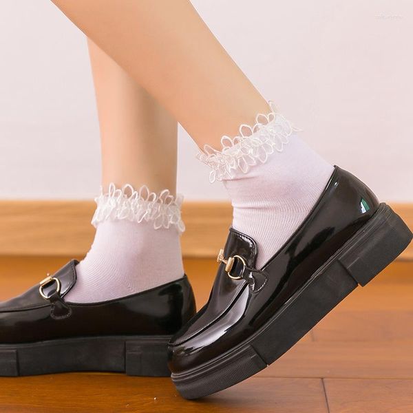 Calzini da donna 1 paio stile Lolita da fanciulla bella donna pizzo corto carino dolce volant fiocchi cotone principessa nero/bianco