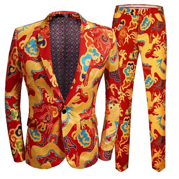 Ternos masculinos blazers estilo chinês vermelho dragão impressão terno masculino palco cantor wear 2 peças conjunto fino ajuste casamento smoking traje 237s