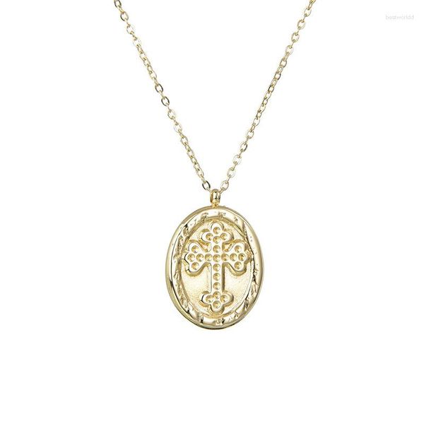 Colares de pingente jóias religiosas de aço inoxidável em relevo cruz colar feminino ouro duradoura retenção de cor oval marca senhoras