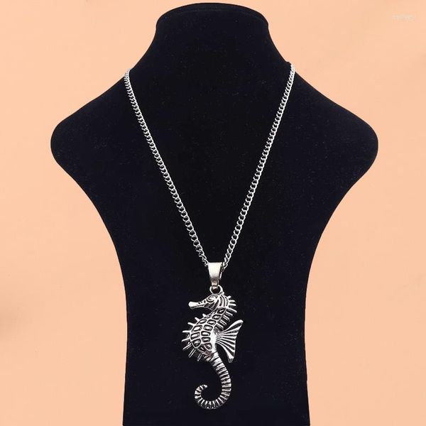 Anhänger-Halsketten, tibetische Silberfarbe, großes Seepferdchen, Hippocampus, Seepferdchen-Halskette, Schmuck, verstellbare Länge, lange Halsband-Gliederkette, 86,4 cm